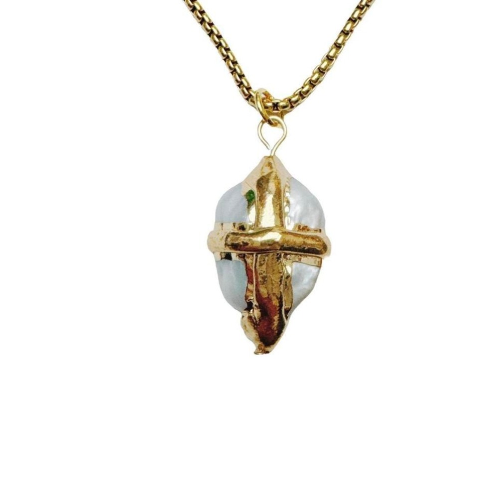 handmade freshwater pearl cross gold pendant‎ necklace stainless steel box chain